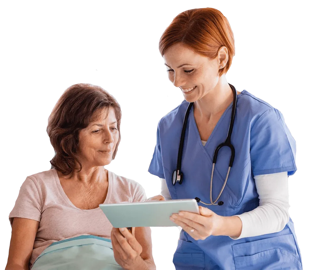 Healthcare professional with patient and tablet